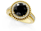 Yellow gold Fancy Black Round Cut Halo Diamond Ring with Beaded Split Shank and Four-Prong Setting_1