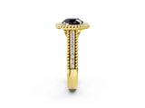 Yellow gold Fancy Black Round Cut Halo Diamond Ring with Beaded Split Shank and Four-Prong Setting_2