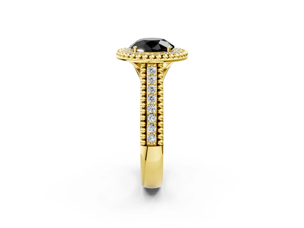 Yellow Gold Round Beaded Halo Engagement Ring Setting for Black Center with Pave