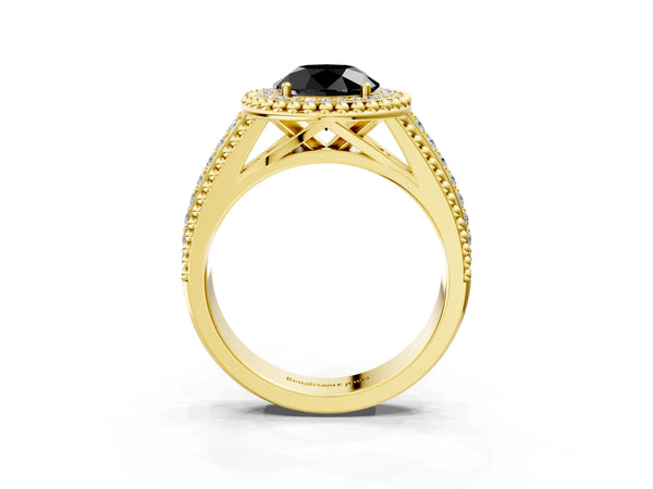 Yellow Gold Round Beaded Halo Engagement Ring Setting for Black Center with Pave