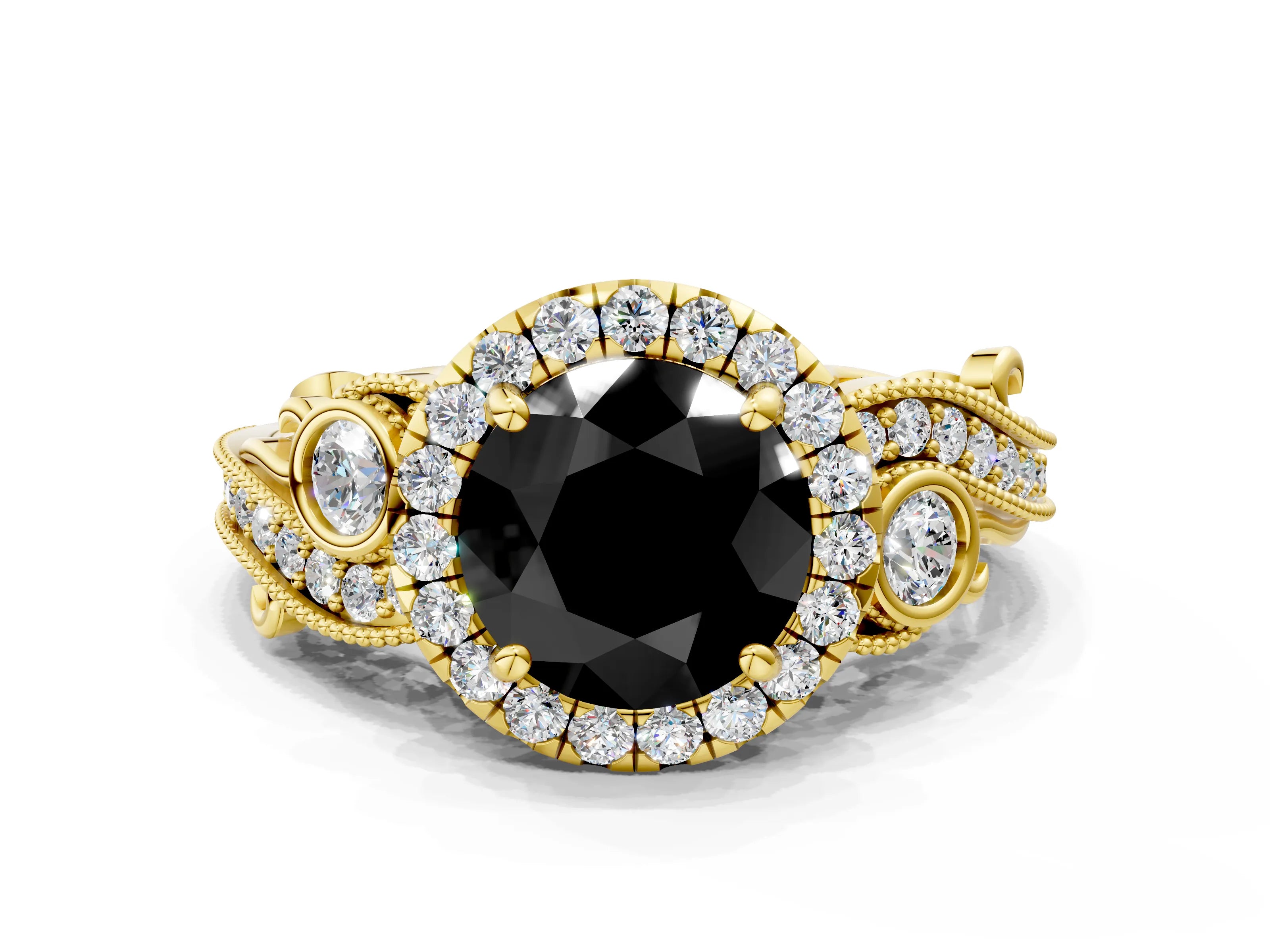 Yellow gold Fancy Black Round Cut Halo Diamond Ring with Milgrain and Bezel Accents on a Split Shank Band