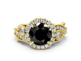 Yellow gold Fancy Black Round Cut Halo Diamond Ring with Milgrain and Bezel Accents on a Split Shank Band_12