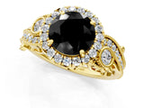Yellow gold Fancy Black Round Cut Halo Diamond Ring with Milgrain and Bezel Accents on a Split Shank Band_13