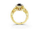 Yellow gold Fancy Black Round Cut Halo Diamond Ring with Milgrain and Bezel Accents on a Split Shank Band_15
