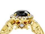 Yellow gold Fancy Black Round Cut Halo Diamond Ring with Milgrain and Bezel Accents on a Split Shank Band_16