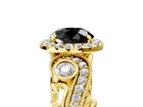 Yellow gold Fancy Black Round Cut Halo Diamond Ring with Milgrain and Bezel Accents on a Split Shank Band_17