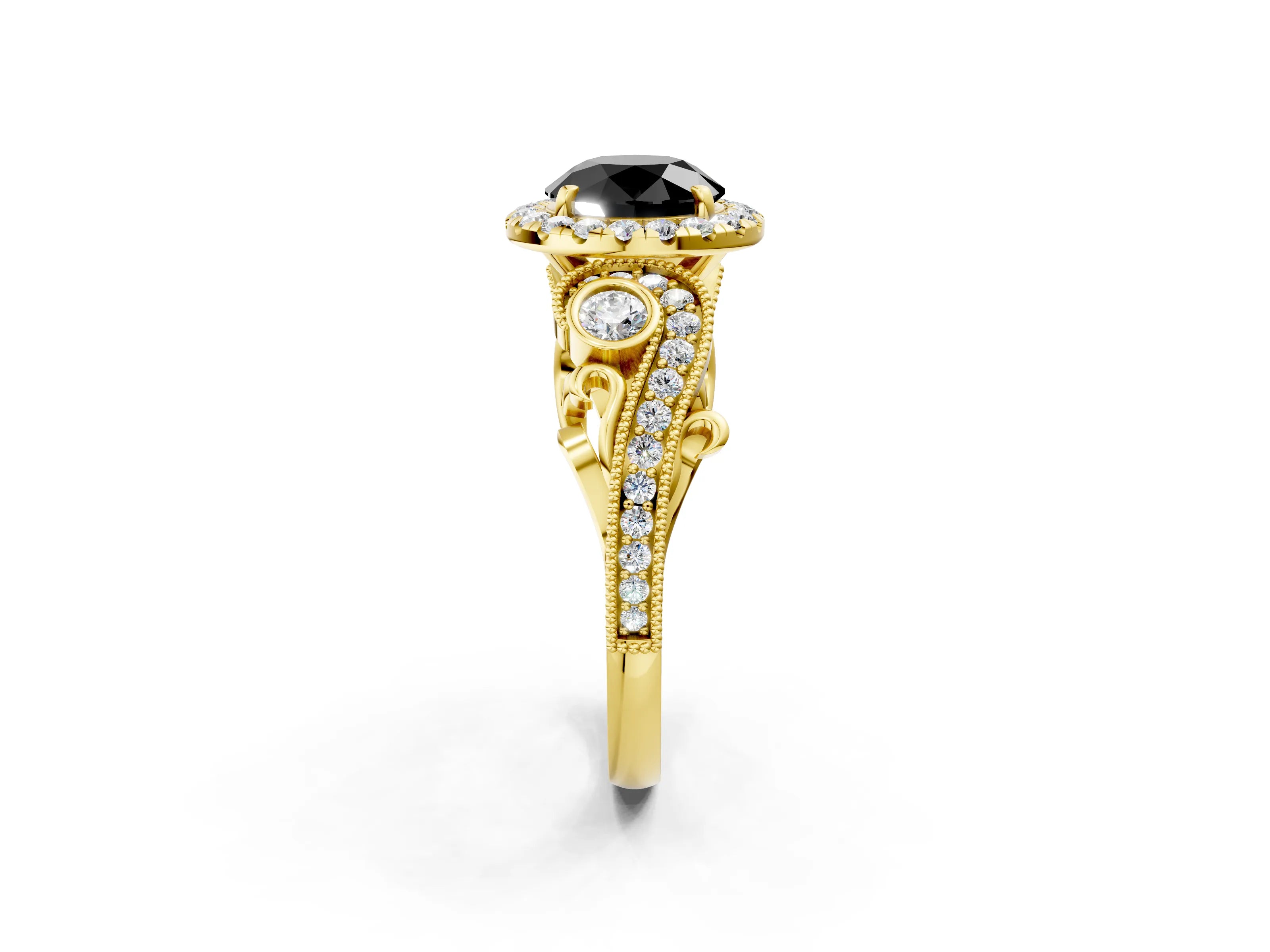 Yellow gold Fancy Black Round Cut Halo Diamond Ring with Milgrain and Bezel Accents on a Split Shank Band_2