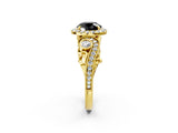 Yellow gold Fancy Black Round Cut Halo Diamond Ring with Milgrain and Bezel Accents on a Split Shank Band_26
