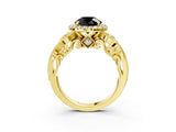 Yellow gold Fancy Black Round Cut Halo Diamond Ring with Milgrain and Bezel Accents on a Split Shank Band_27