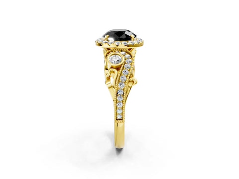 Yellow gold Fancy Black Round Cut Halo Diamond Ring with Milgrain and Bezel Accents on a Split Shank Band_2