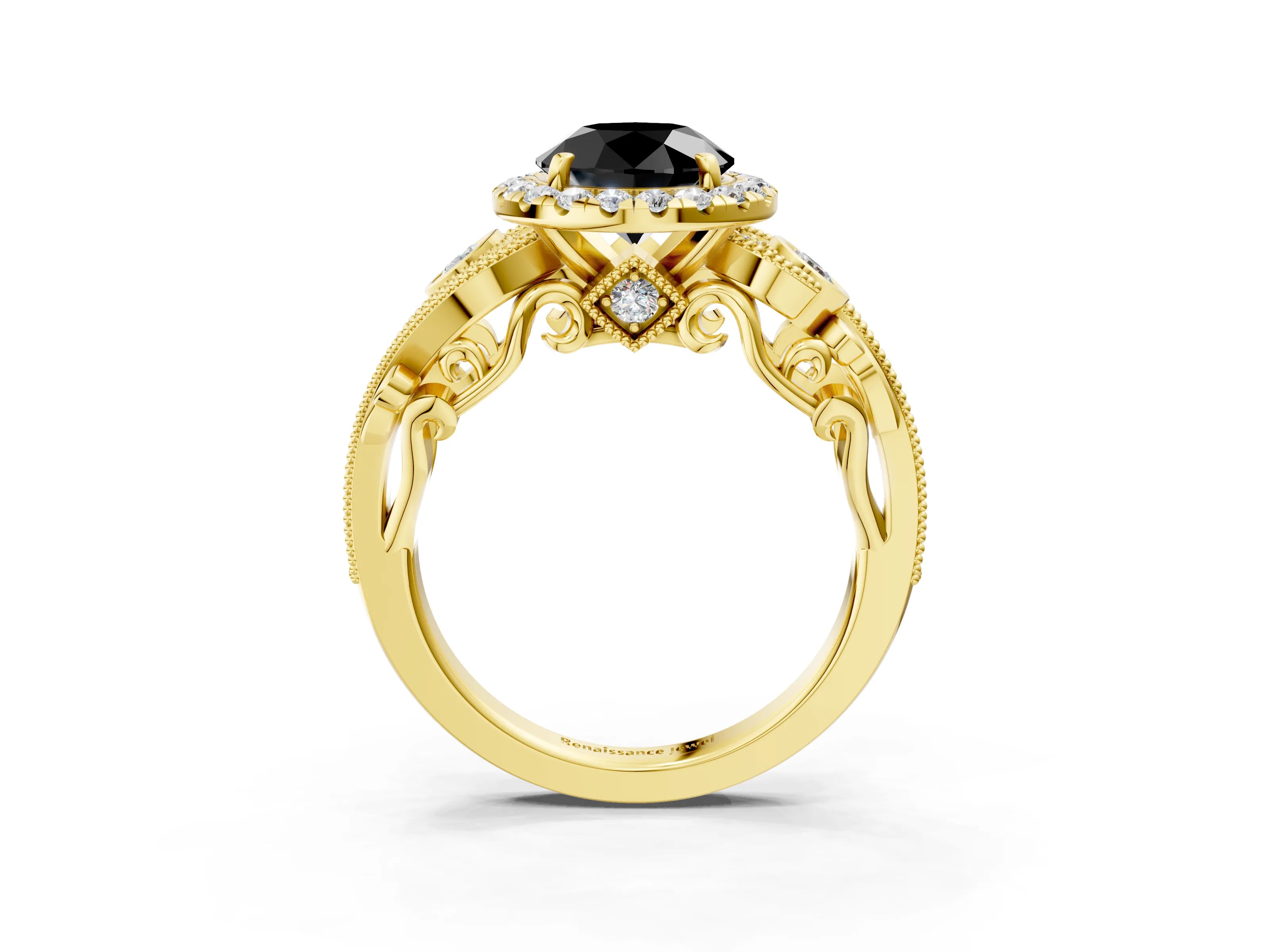Yellow gold Fancy Black Round Cut Halo Diamond Ring with Milgrain and Bezel Accents on a Split Shank Band_3