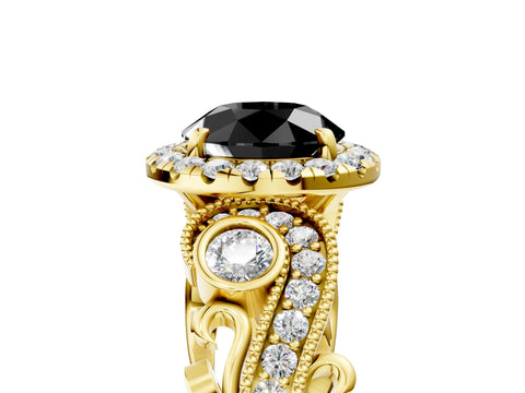 Yellow gold Fancy Black Round Cut Halo Diamond Ring with Milgrain and Bezel Accents on a Split Shank Band_5