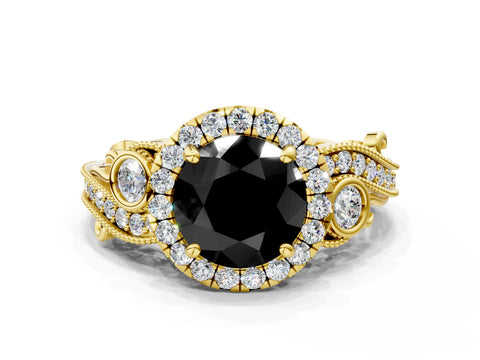 Yellow gold Fancy Black Round Cut Halo Diamond Ring with Milgrain and Bezel Accents on a Split Shank Band