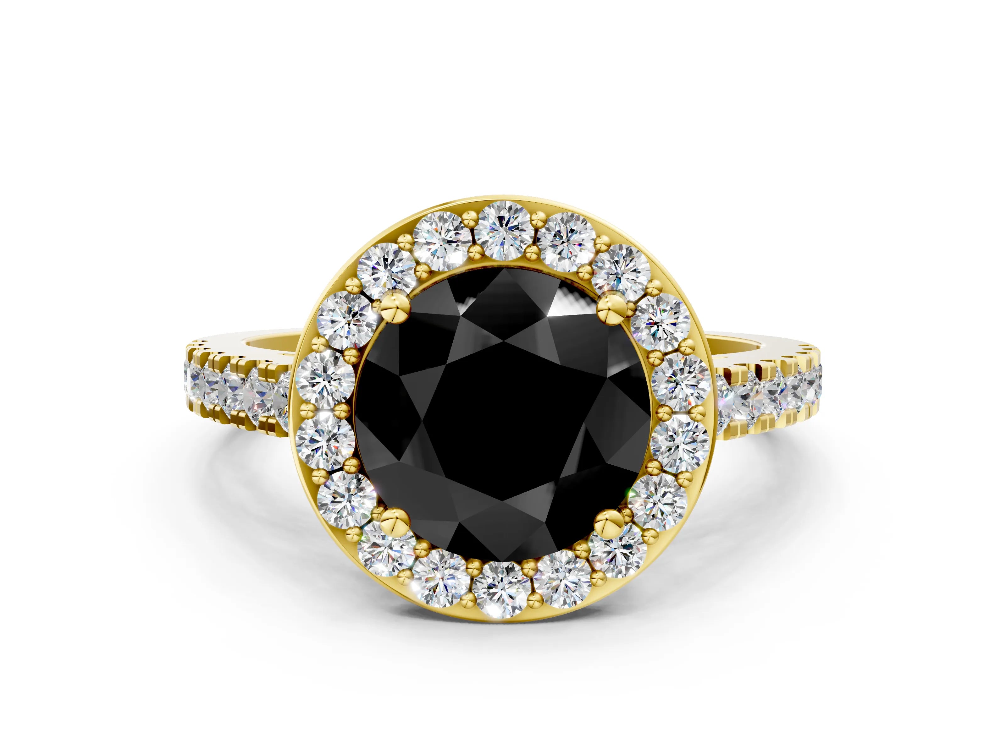 Yellow gold Fancy Black Round Cut Halo Diamond Ring with Pavé Band and Three-Prong Setting