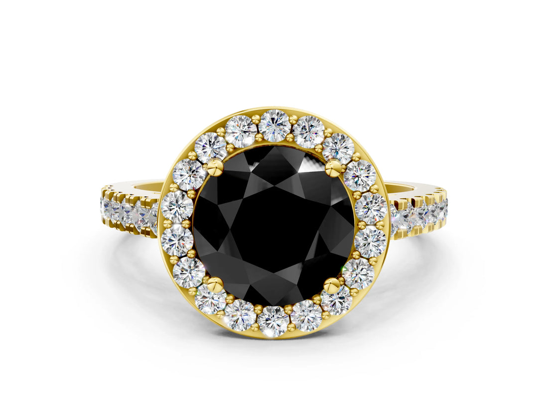 Yellow gold Fancy Black Round Cut Halo Diamond Ring with Pavé Band and Three-Prong Setting