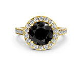 Yellow gold Fancy Black Round Cut Halo Diamond Ring with Pavé Band and Three-Prong Setting