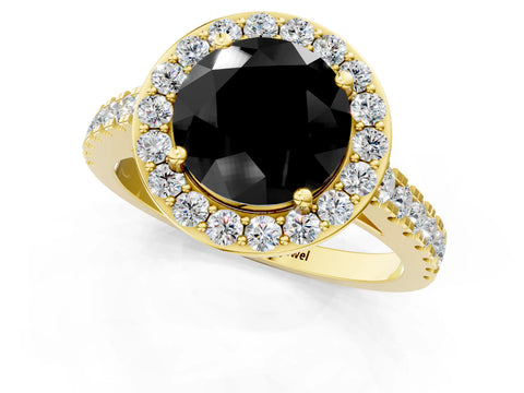 Yellow gold Fancy Black Round Cut Halo Diamond Ring with Pavé Band and Three-Prong Setting_1