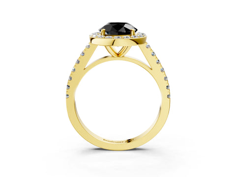 Yellow gold Fancy Black Round Cut Halo Diamond Ring with Pavé Band and Three-Prong Setting_3