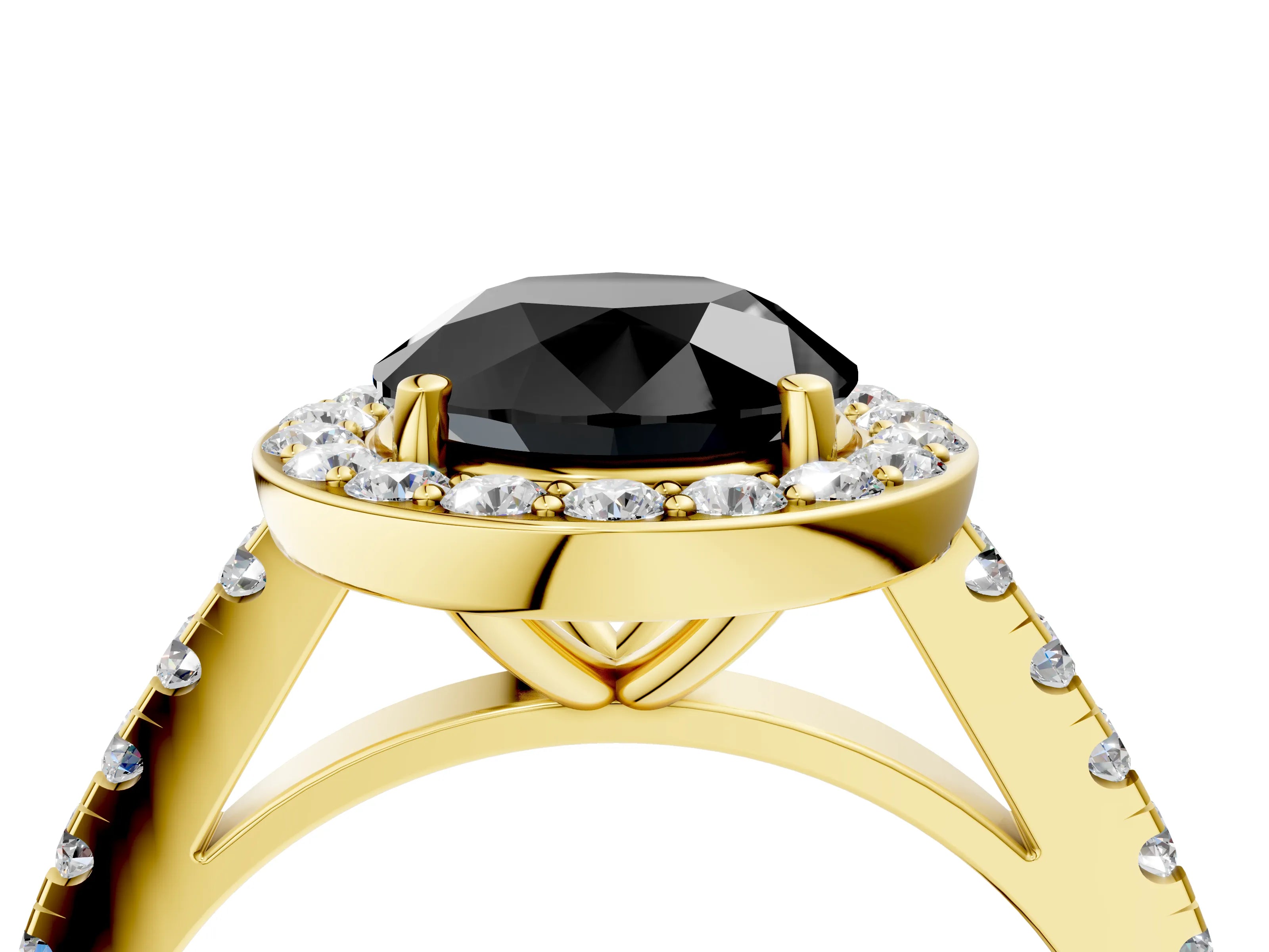 Yellow gold Fancy Black Round Cut Halo Diamond Ring with Pavé Band and Three-Prong Setting_4