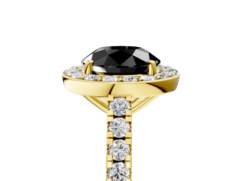 Yellow gold Fancy Black Round Cut Halo Diamond Ring with Pavé Band and Three-Prong Setting_5