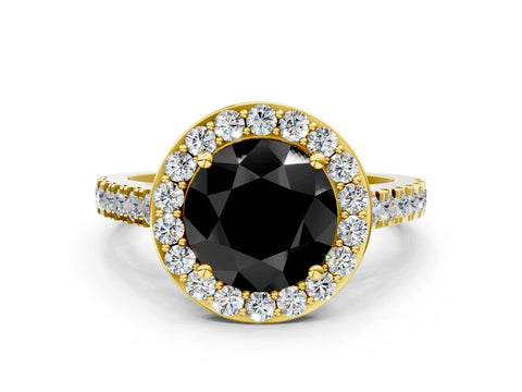 Yellow gold Fancy Black Round Cut Halo Diamond Ring with Pavé Band and Three-Prong Setting