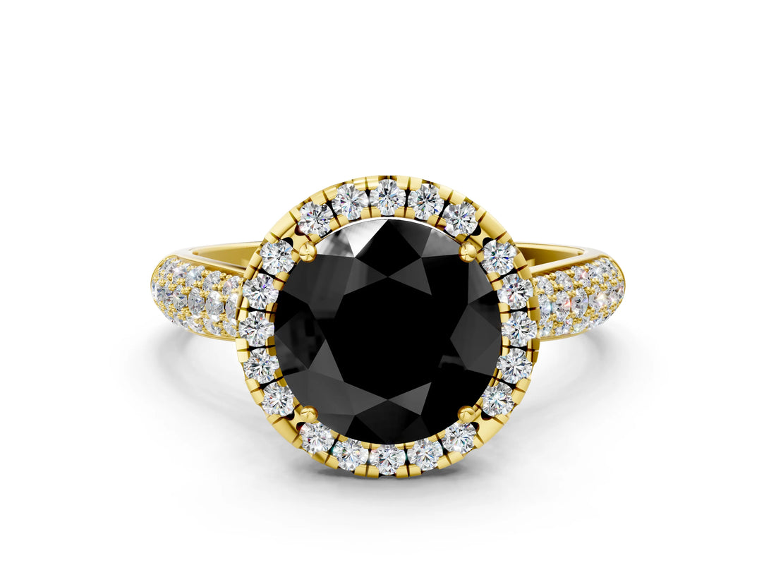 Yellow gold Fancy Black Round Cut Halo Diamond Ring with Pavé Band