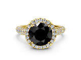 Yellow gold Fancy Black Round Cut Halo Diamond Ring with Pavé Band