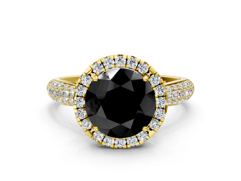 Yellow gold Fancy Black Round Cut Halo Diamond Ring with Pavé Band