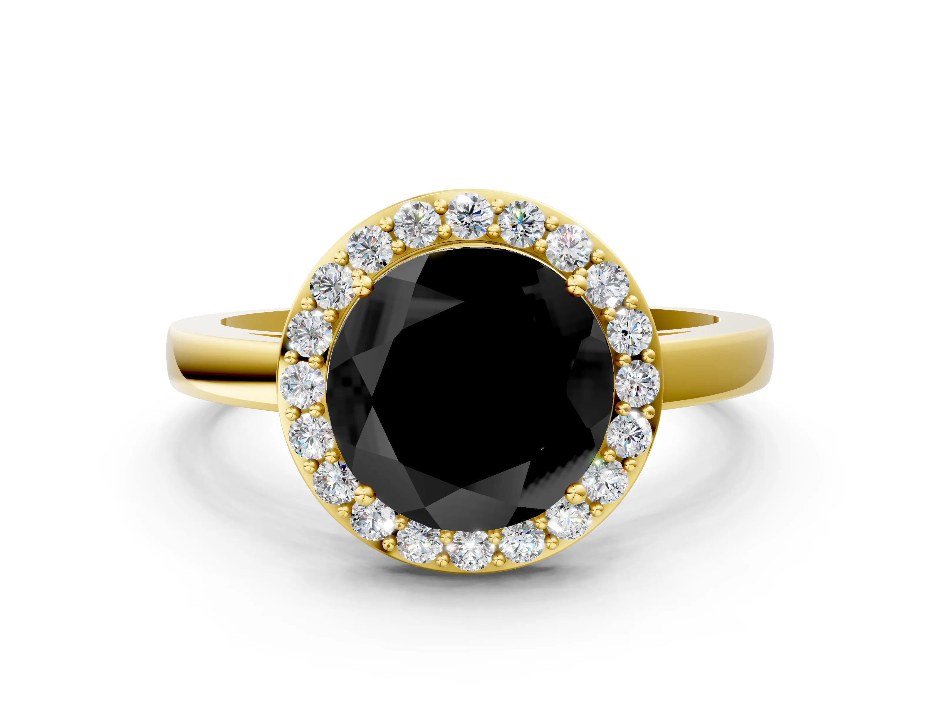 Yellow gold Fancy Black Round Cut Halo Diamond Ring with Solitaire Band and Prong Setting