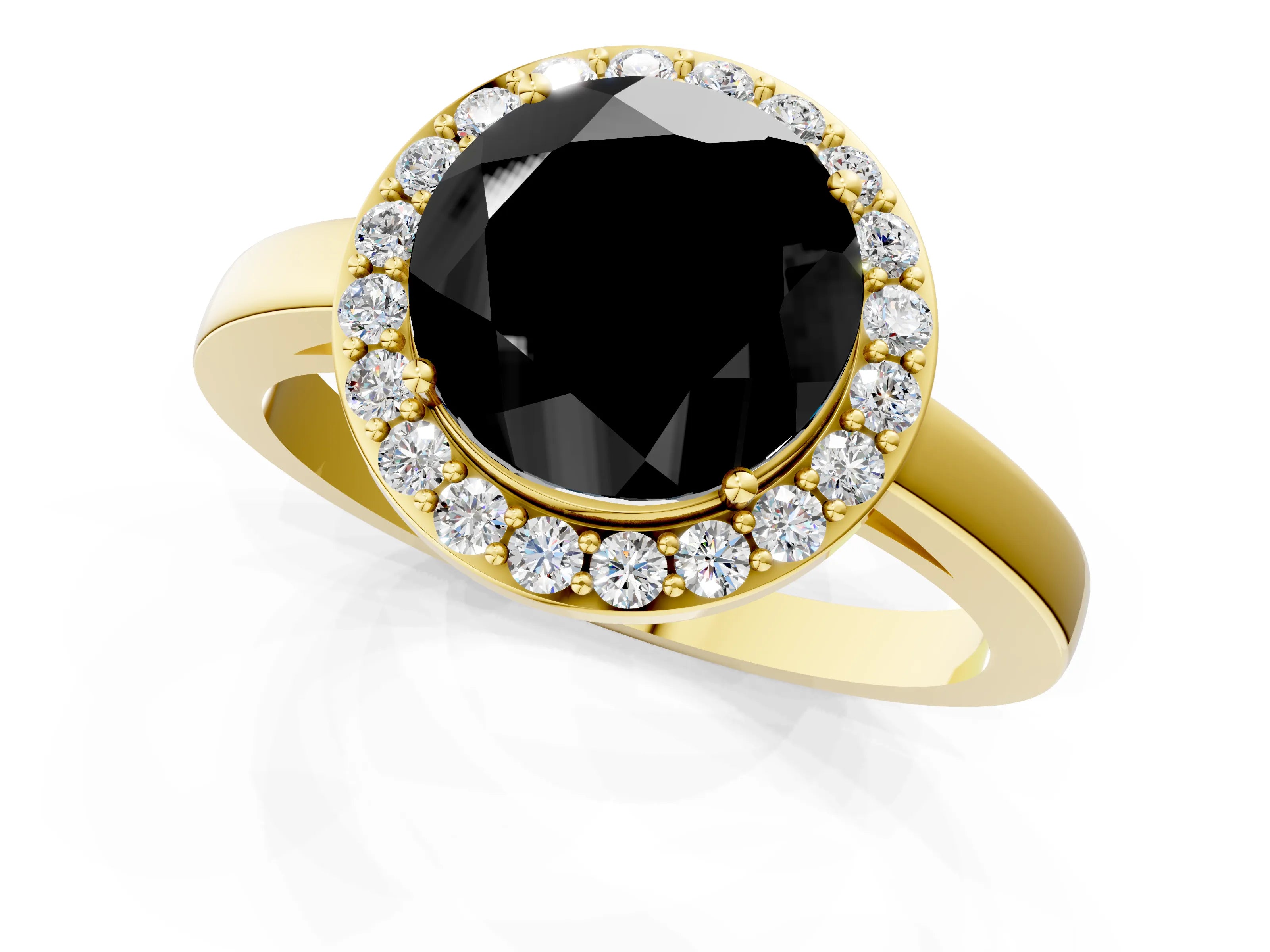 Yellow gold Fancy Black Round Cut Halo Diamond Ring with Solitaire Band and Prong Setting_1