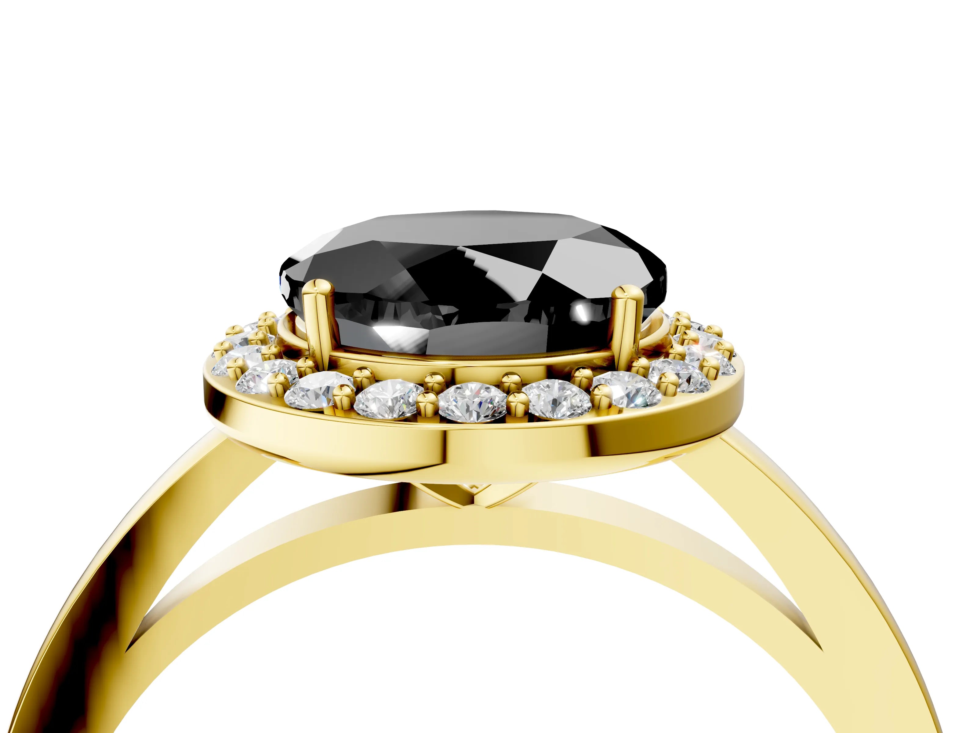 Yellow gold Fancy Black Round Cut Halo Diamond Ring with Solitaire Band and Prong Setting_4