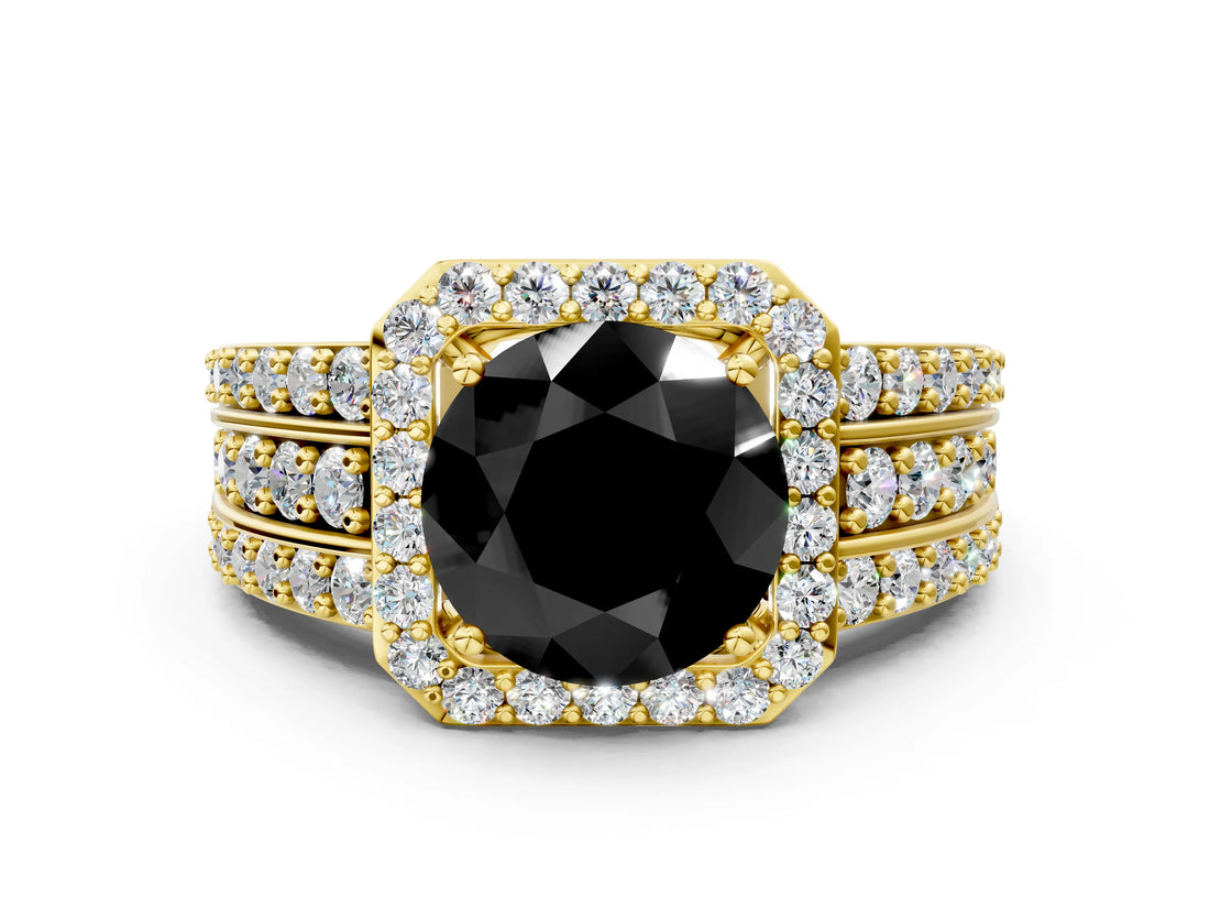 Yellow gold Fancy Black Round Cut Halo Diamond Ring with Split Shank and Four-Prong Setting