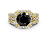 Yellow gold Fancy Black Round Cut Halo Diamond Ring with Split Shank and Four-Prong Setting