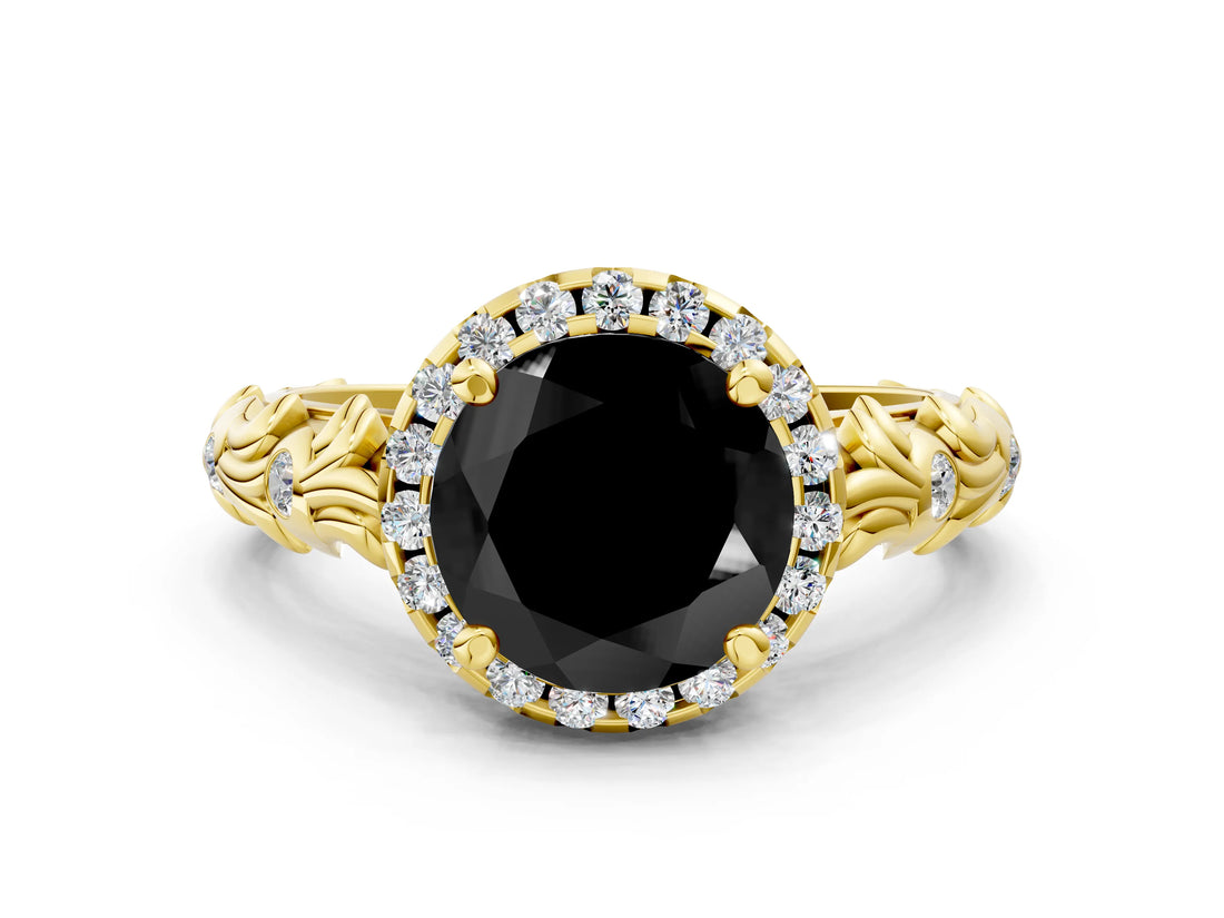 Yellow gold Fancy Black Round Cut Halo Diamond Solitaire with Filigree Band and Four-Prong Setting