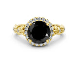 Yellow gold Fancy Black Round Cut Halo Diamond Solitaire with Filigree Band and Four-Prong Setting