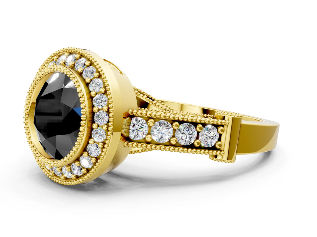Yellow gold Fancy Black Round Cut Halo Diamond Split Shank Pave Ring