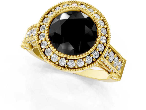 Yellow Gold Round Vintage Bezel Halo Engagement Ring Setting for Black Center