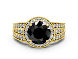 Yellow gold Fancy Black Round Cut Halo Diamond Split Shank Ring with Prong Setting