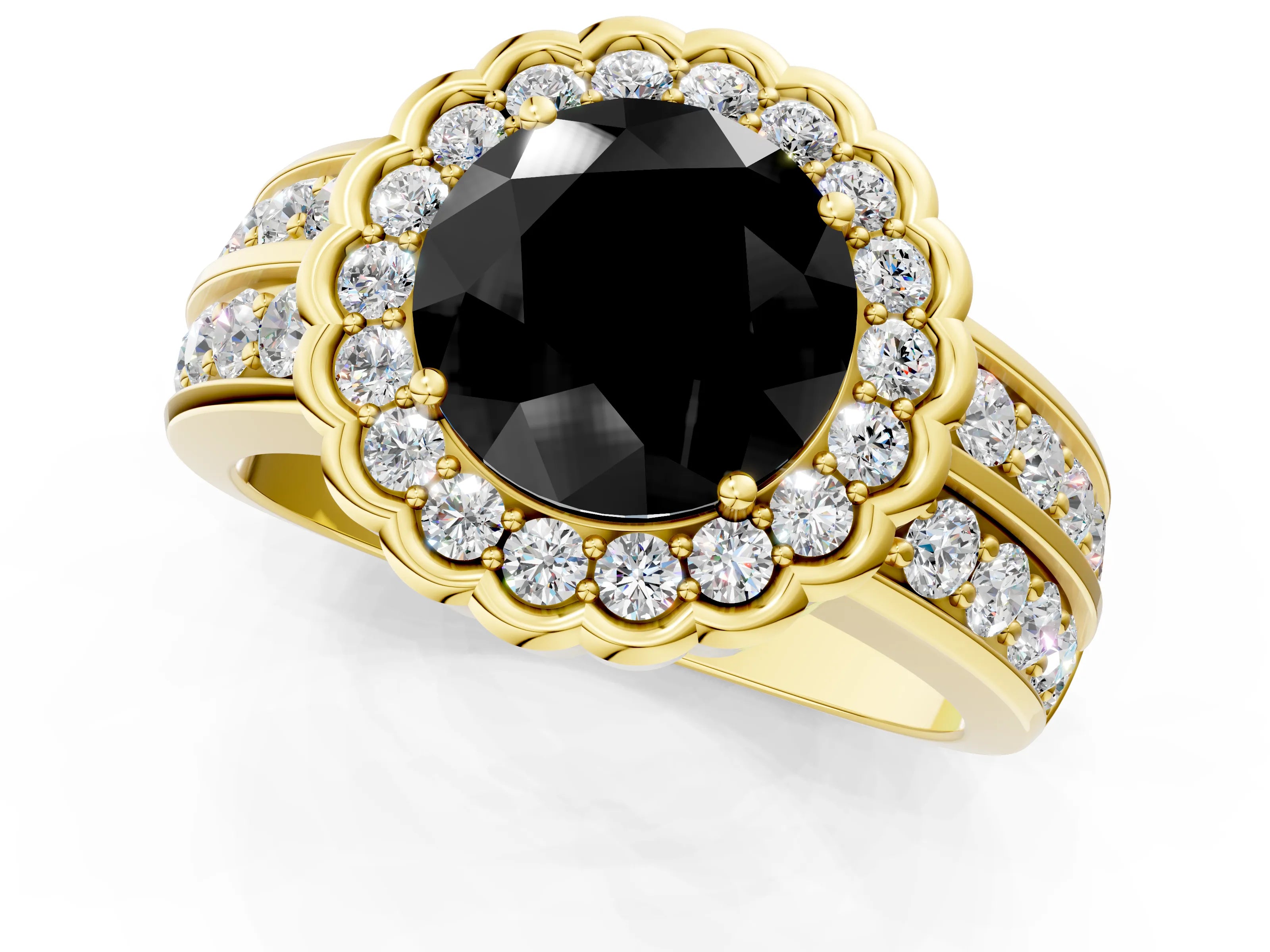 Yellow gold Fancy Black Round Cut Halo Diamond Split Shank Ring with Scalloped Prong Setting_1