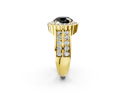 Yellow gold Fancy Black Round Cut Halo Diamond Split Shank Ring with Scalloped Prong Setting_2