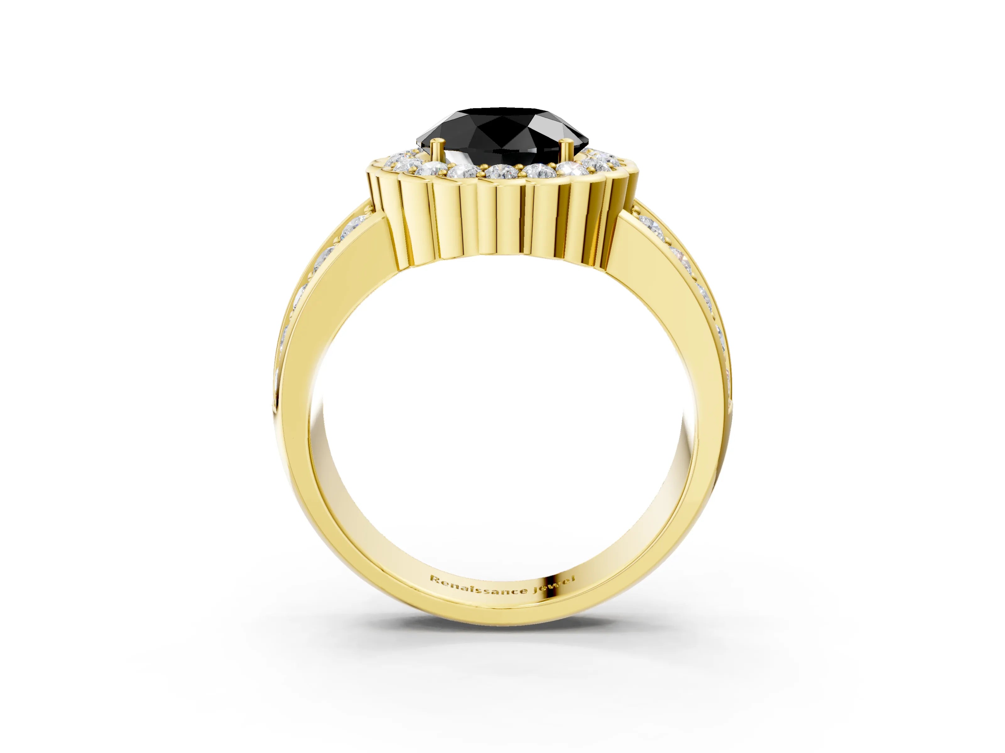 Yellow gold Fancy Black Round Cut Halo Diamond Split Shank Ring with Scalloped Prong Setting_3
