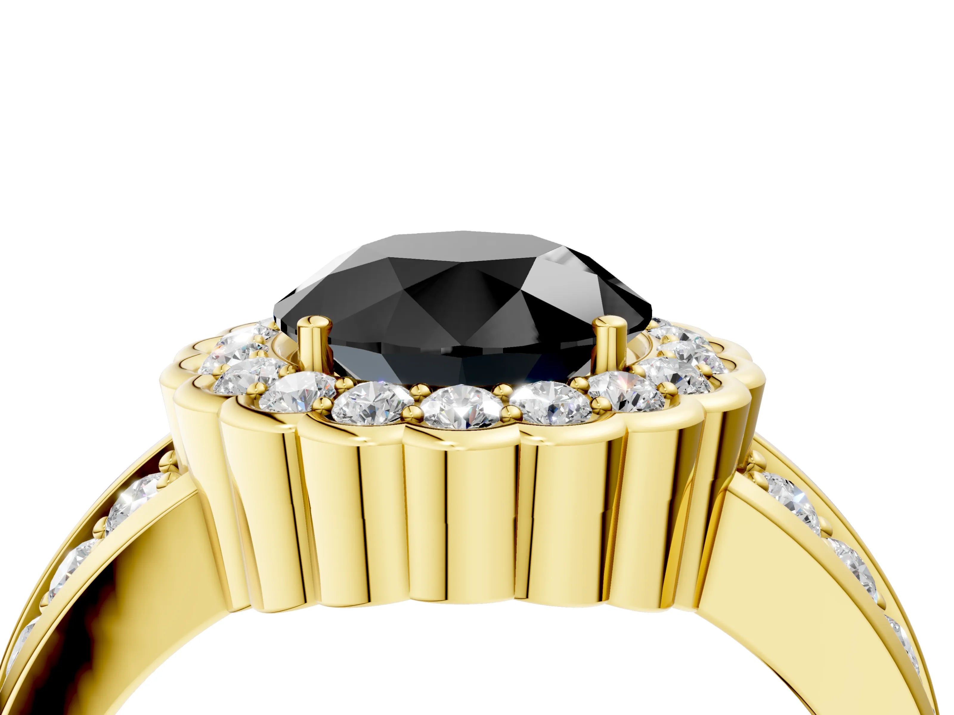 Yellow gold Fancy Black Round Cut Halo Diamond Split Shank Ring with Scalloped Prong Setting_4