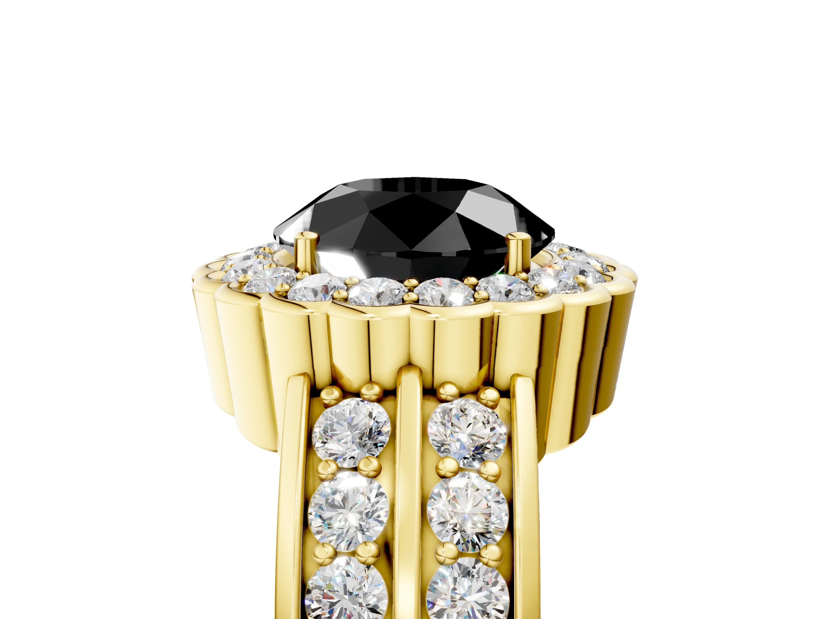 Yellow gold Fancy Black Round Cut Halo Diamond Split Shank Ring with Scalloped Prong Setting_5