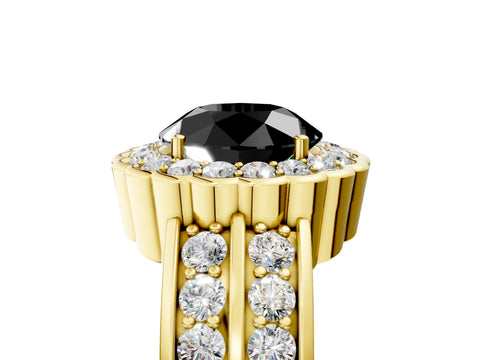 Yellow gold Fancy Black Round Cut Halo Diamond Split Shank Ring with Scalloped Prong Setting_5
