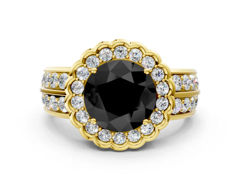 Yellow gold Fancy Black Round Cut Halo Diamond Split Shank Ring with Scalloped Prong Setting