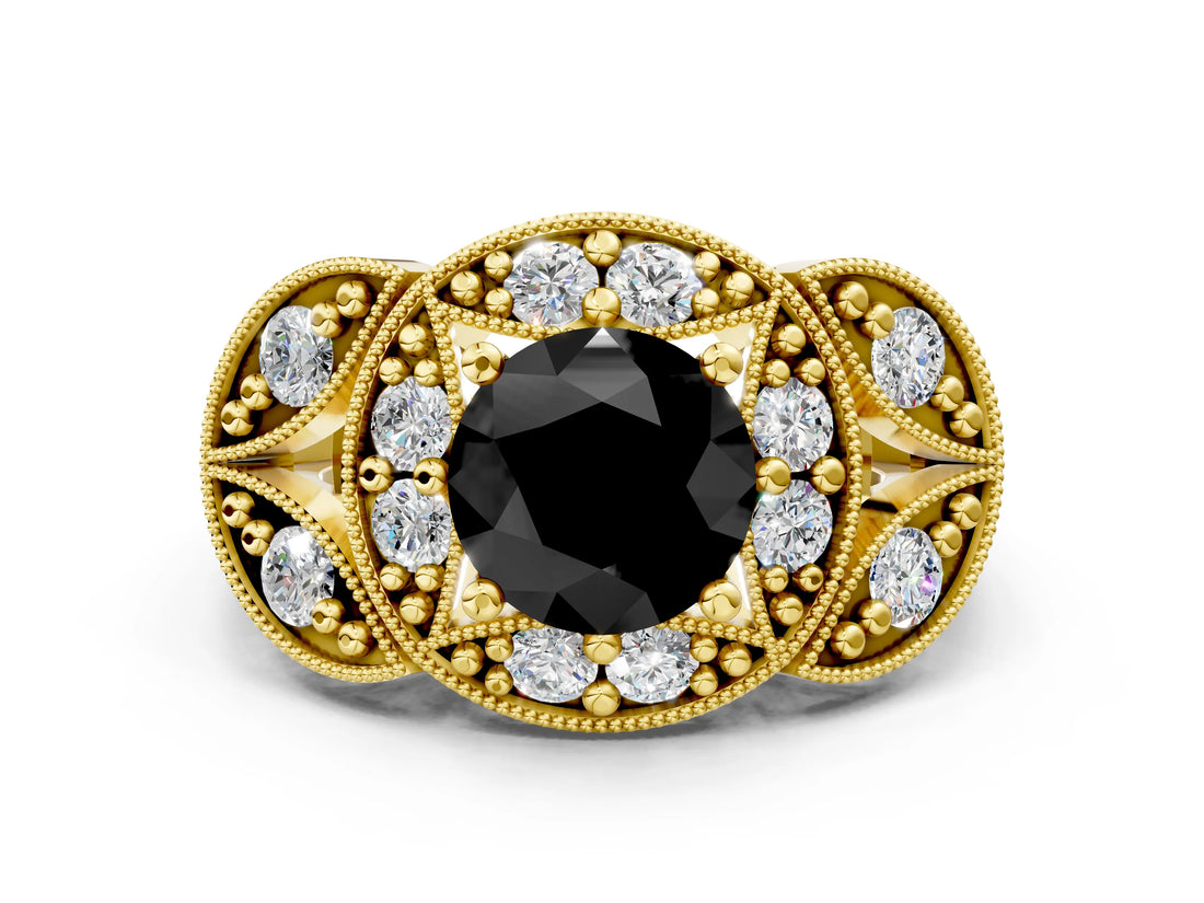 Yellow gold Fancy Black Round Cut Halo Milgrain Diamond Engagement Ring with Leaf Band and Four-Prong Setting