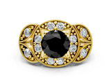 Yellow gold Fancy Black Round Cut Halo Milgrain Diamond Engagement Ring with Leaf Band and Four-Prong Setting