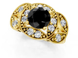 Yellow gold Fancy Black Round Cut Halo Milgrain Diamond Engagement Ring with Leaf Band and Four-Prong Setting_1