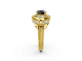 Yellow gold Fancy Black Round Cut Halo Milgrain Diamond Engagement Ring with Leaf Band and Four-Prong Setting_2