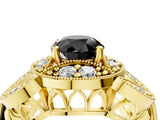 Yellow gold Fancy Black Round Cut Halo Milgrain Diamond Engagement Ring with Leaf Band and Four-Prong Setting_4